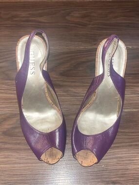 Guess Purple Peep-Toe Slingback Heels with Cork Accent